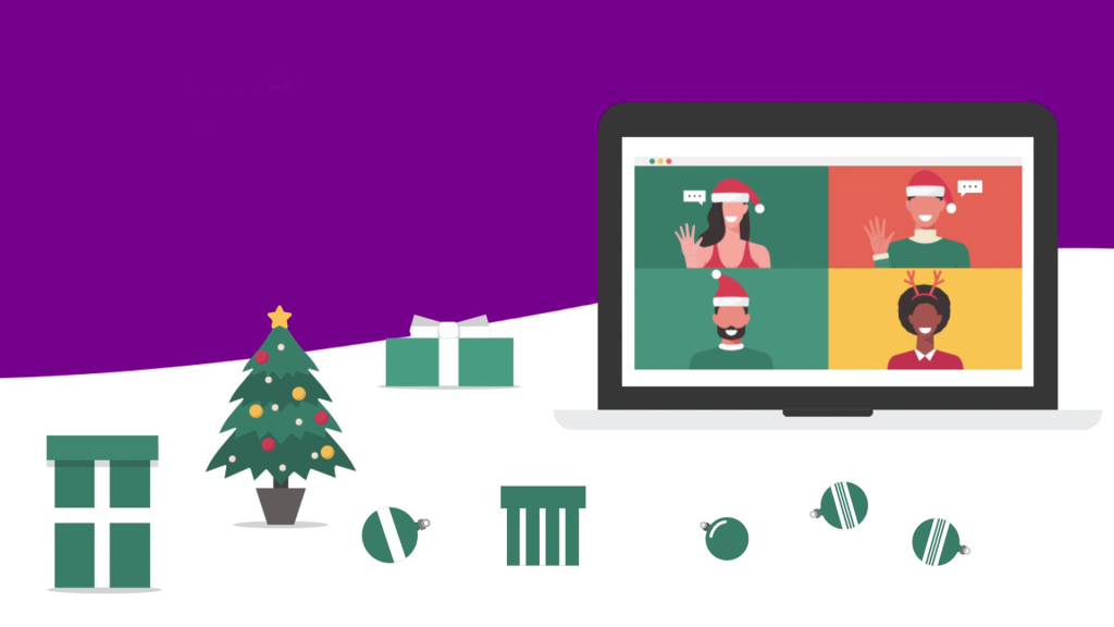 Ilustração mostra decorações natalinas ao lado de uma tela com profissionais de atendimento para representar as vendas no Natal.