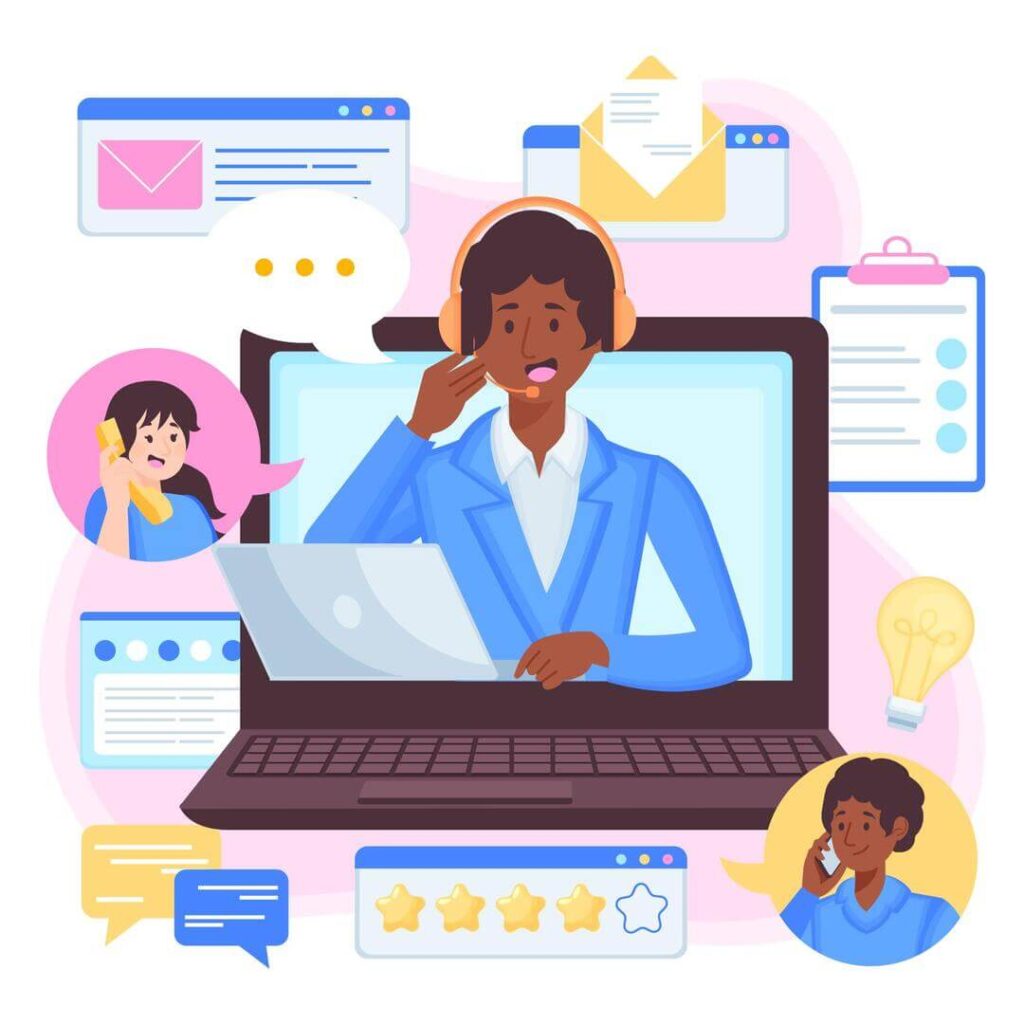 Vetor com homem saindo de uma tela de computador enquanto faz um atendimento multicanal, conversando com outras duas pessoas por telefone. A imagem tem balões de mensagem, estrelas de satisfação e formulários.