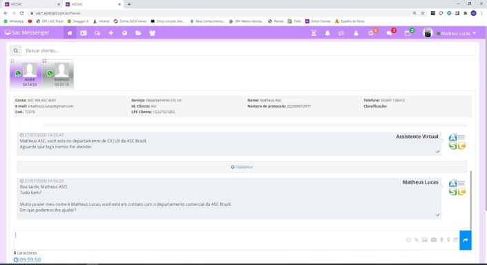 Painel da plataforma multicanal ASC SAC simulando uma interação entre o atendente e o cliente.