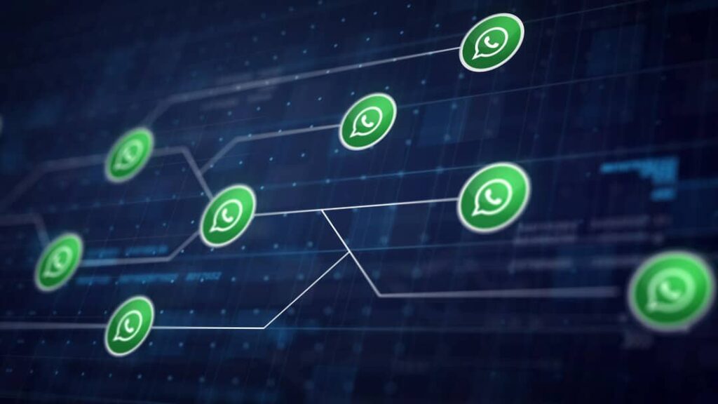Vários ícones do WhatsApp conectados por linhas, como uma rede, representando o multiatendimento.