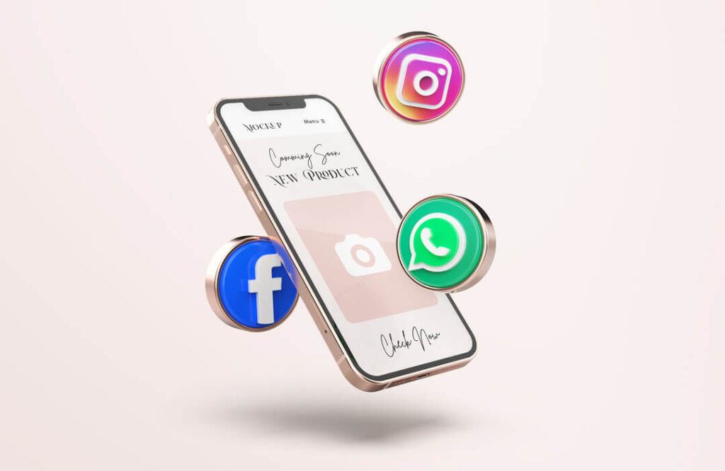 Click to WhatsApp: celular com ícones do Instagram, Facebook e WhatsApp em volta.