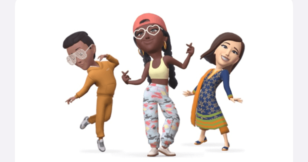 Vetor com três bonecas dançando, representando os avatares WhatsApp.