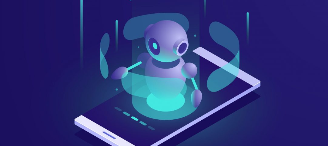 Artificial Intelligence, isometric ai robot on mobile phone screen, chatbot app vector neon dark