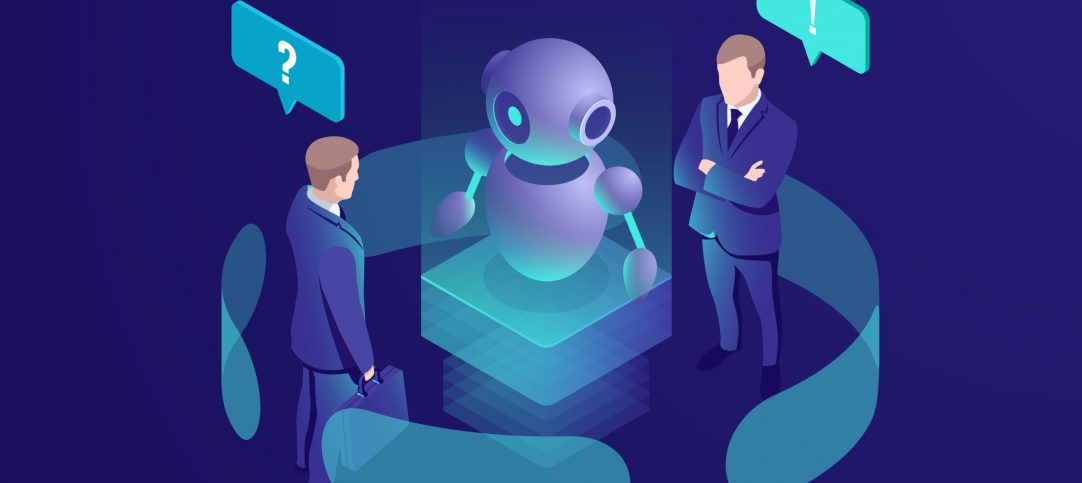 Artificial intelligence ai robot gives recommendation, human get automated response from chatbot, business consulting system, isometric vector neon dark