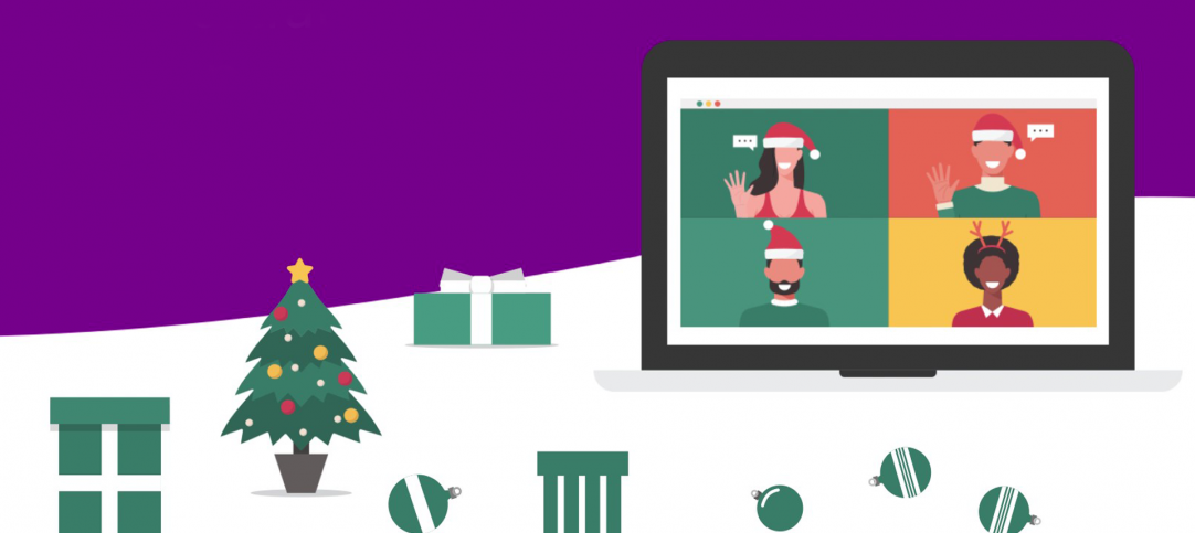 Ilustração mostra decorações natalinas ao lado de uma tela com profissionais de atendimento para representar as vendas no Natal.