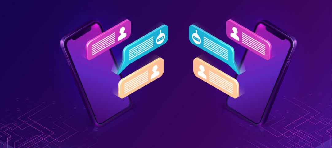 Troca de mensagens em dois celulares com chatbot, usando árvore de decisão.