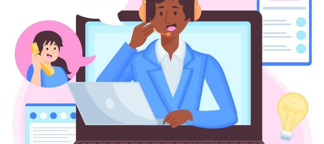 Vetor com homem saindo de uma tela de computador enquanto faz um atendimento multicanal, conversando com outras duas pessoas por telefone. A imagem tem balões de mensagem, estrelas de satisfação e formulários.