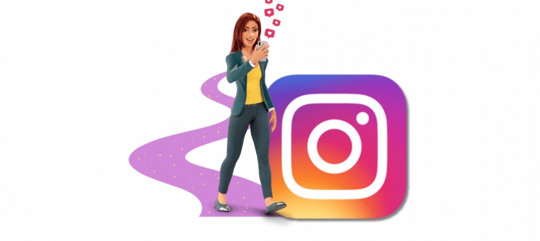 Avatar de mulher andando com um celular na mão e vários corações saindo da tela. Logo de rede social ao lado, representando o chatbot para Instagram.