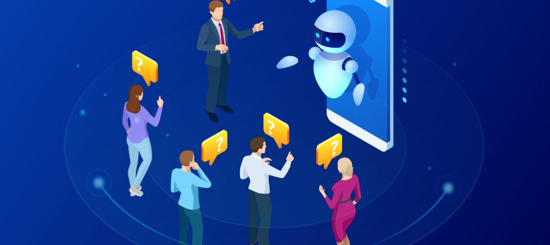 Ilustração mostra várias pessoas com dúvidas sendo respondidas pelo chatbot para whatsapp.