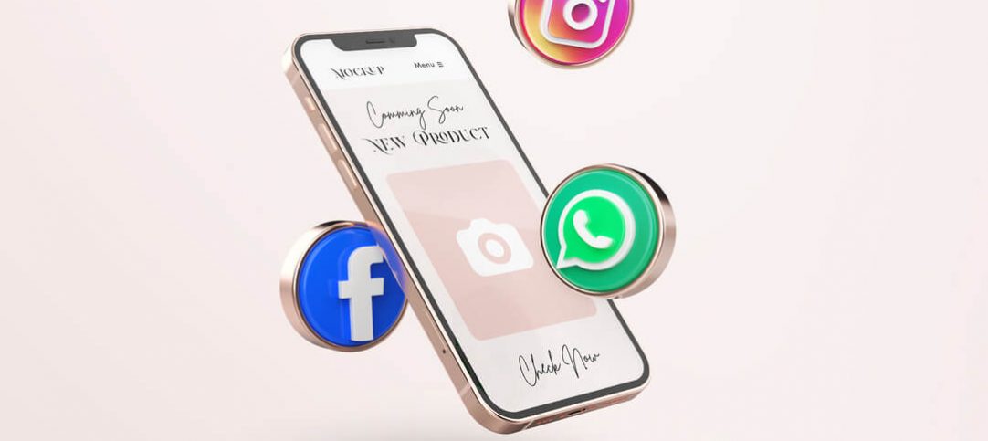 Click to WhatsApp: celular com ícones do Instagram, Facebook e WhatsApp em volta.