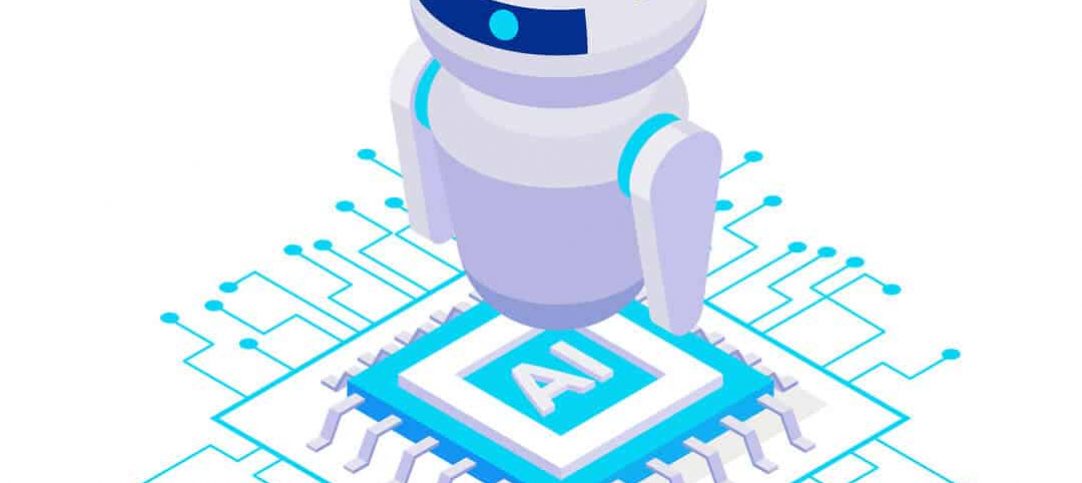 Vetor de robot cinza claro e azul, com antenas, em cima de uma placa escrito AI, que tem vários cabos de conexão, representando a tecnologia.