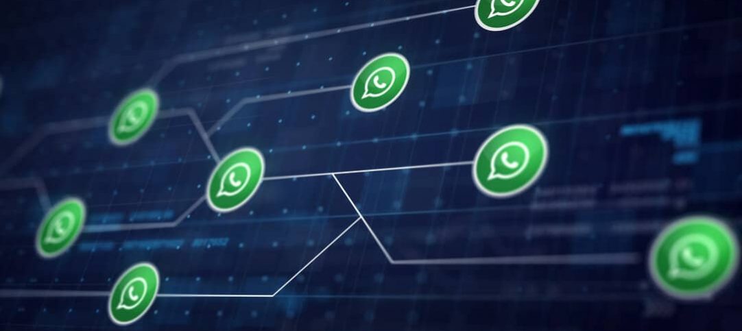 Vários ícones do WhatsApp conectados por linhas, como uma rede, representando o multiatendimento.
