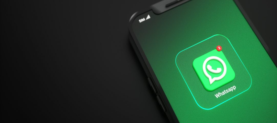 Foto mostra celular com aplicativo do WhatsApp Business API na tela.